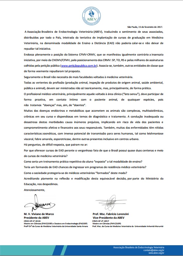 Carta ABEV de repúdio à criação de cursos de graduação em Mdicina Veterinária baseado em EAD ensino à distância