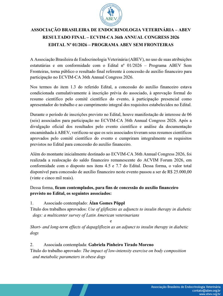 01 Edital Programa ABEV Sem Fronteiras - ECVIM-CA 36th Annual Congress 2026 Calendário ABEV 2025